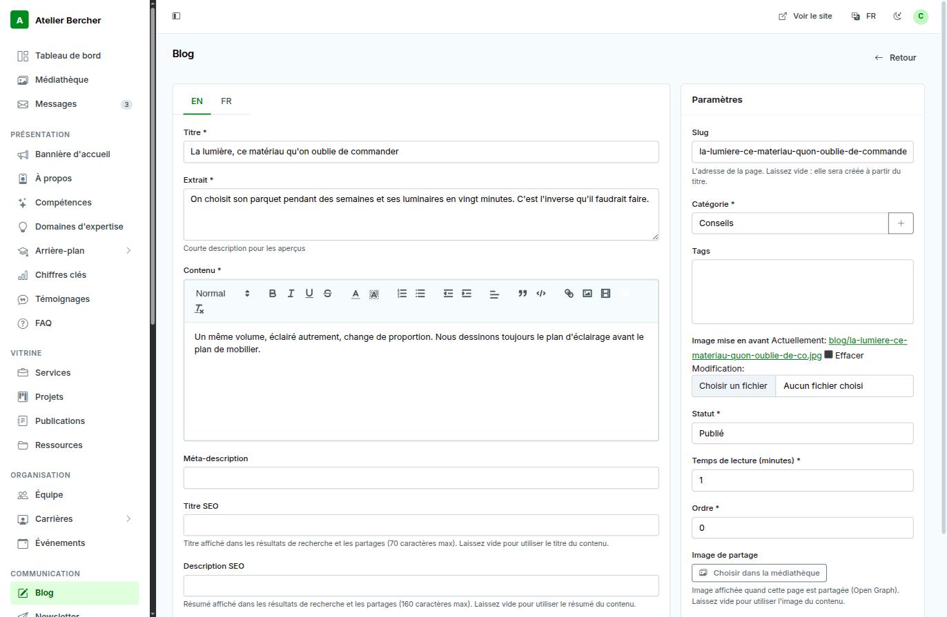 The article editor: language tabs, title, excerpt, rich text, and the SEO fields below.